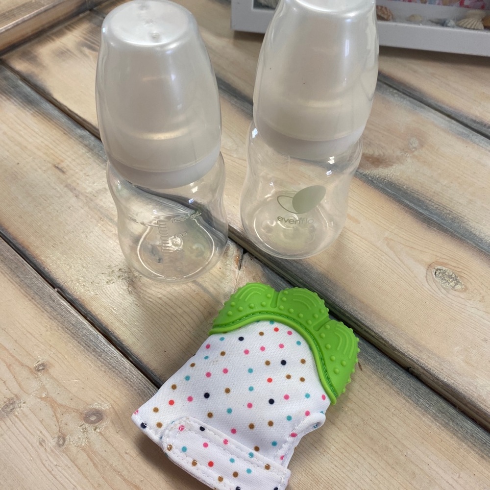 Evenflo Feeding Bottles, MAM Newborn Pacifier, & Baby Adjustable Teething Mitten